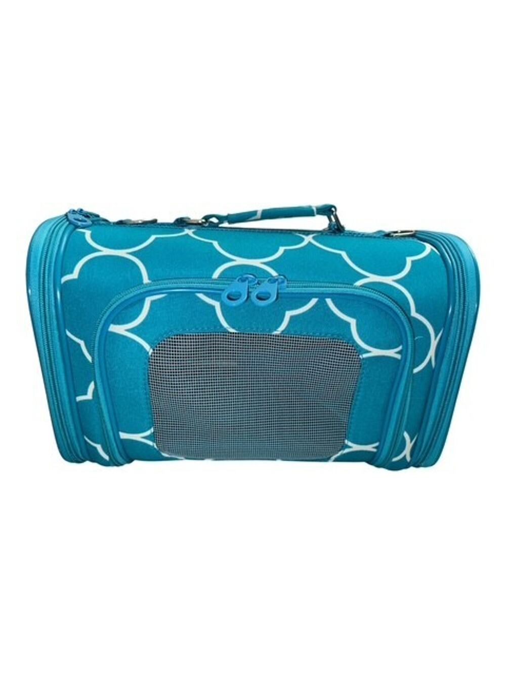 Pet Carrier 15" Blue Quatrefoil Dog Cat Travel Crate 3 Zip Doors Airline Approve